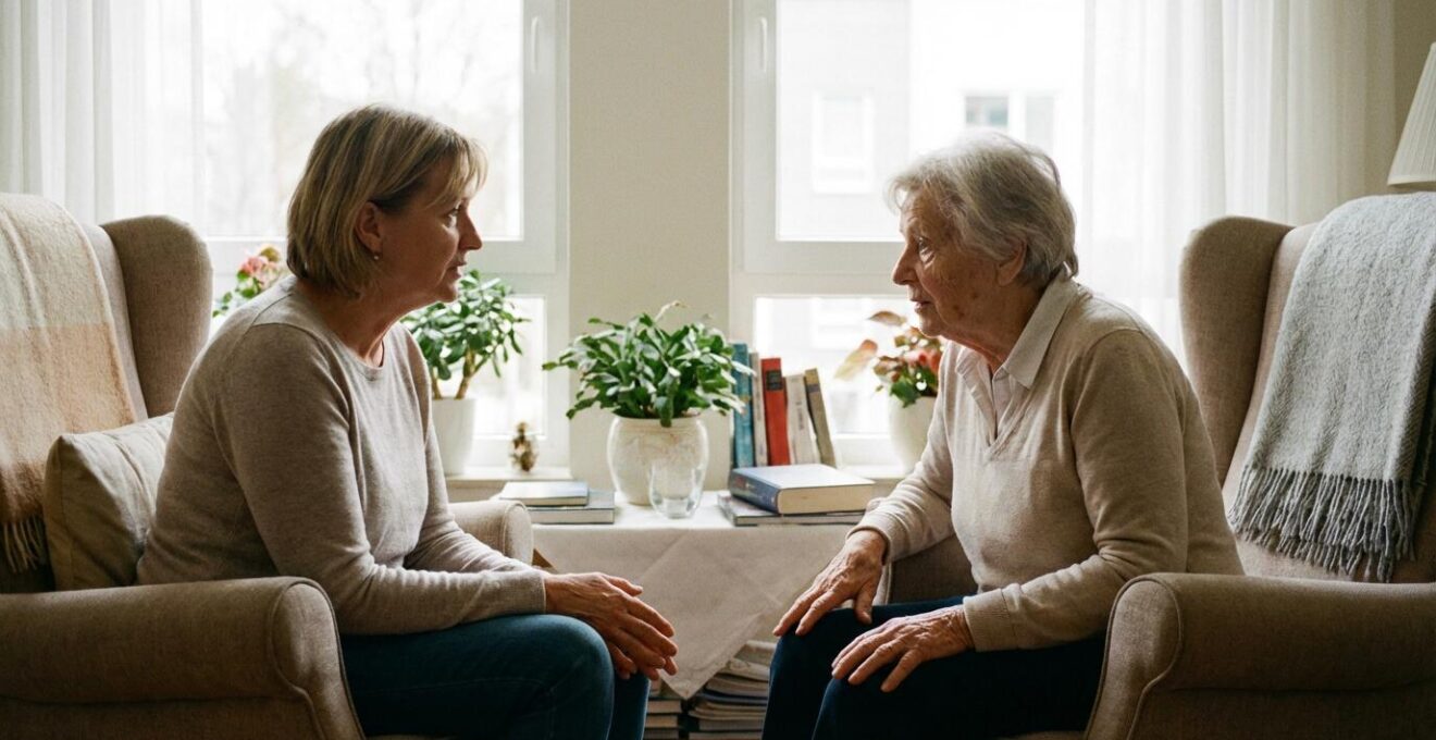 Femme quinquagénaire discutant avec sa mère âgée dans un salon d'EHPAD lumineux