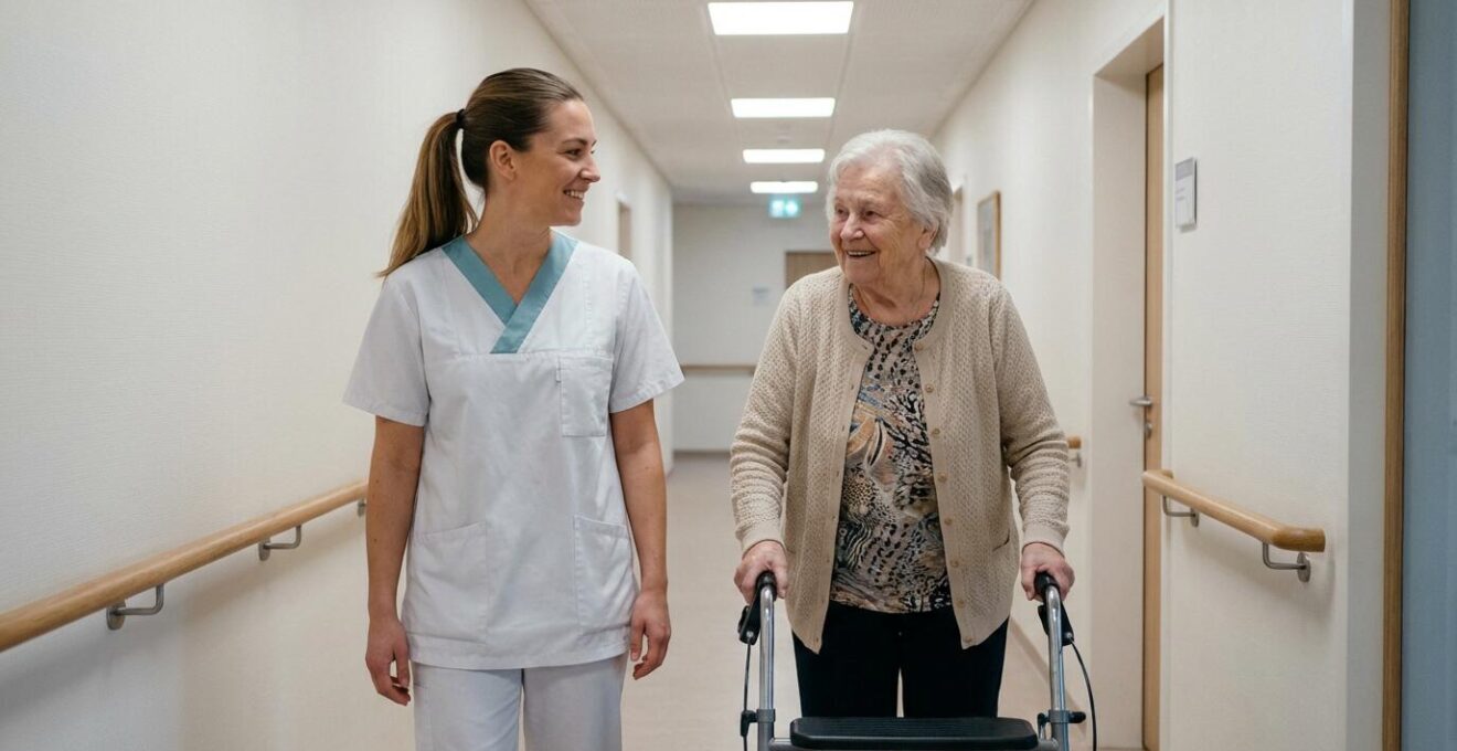 Aide-soignante accompagnant une résidente avec déambulateur dans un couloir d'EHPAD