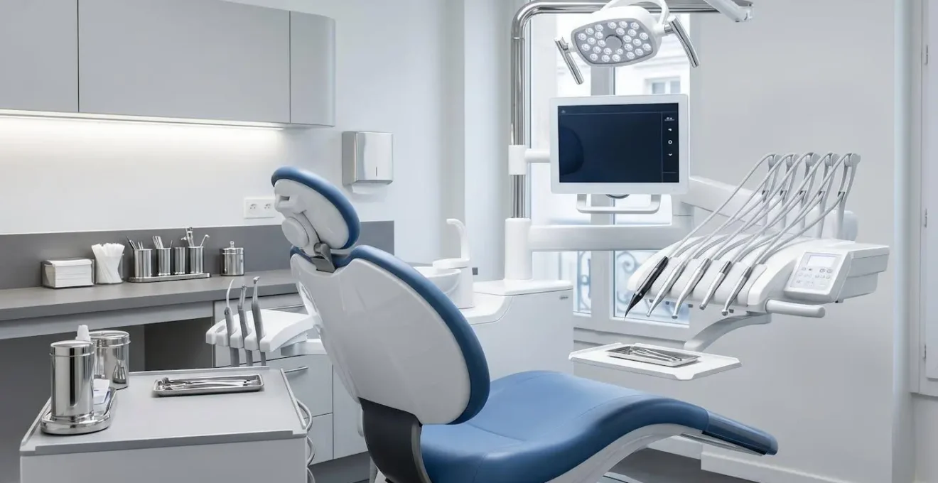 Cabinet dentaire français contemporain équipé d'un fauteuil ergonomique moderne, unité de soins avec instrumentation professionnelle et surfaces immaculées