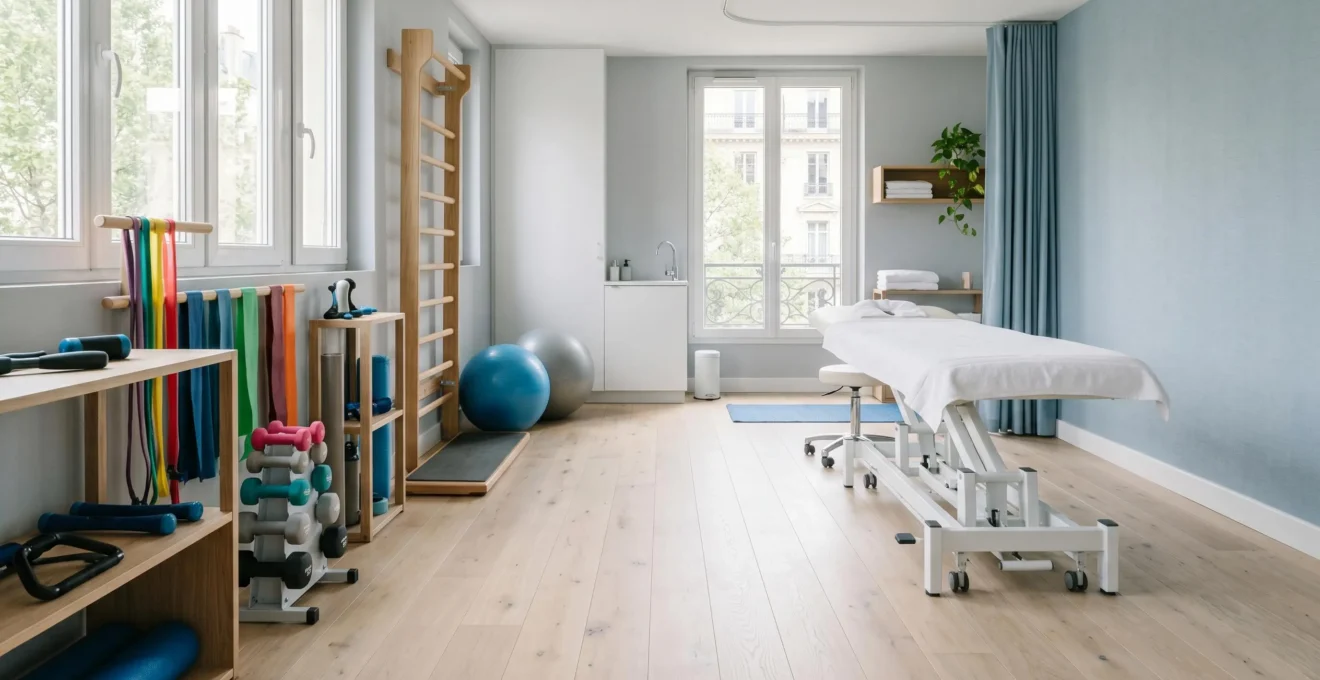 Cabinet de kinésithérapie français moderne avec table de massage professionnelle et équipements de rééducation fonctionnelle dans un espace épuré aux tons clairs