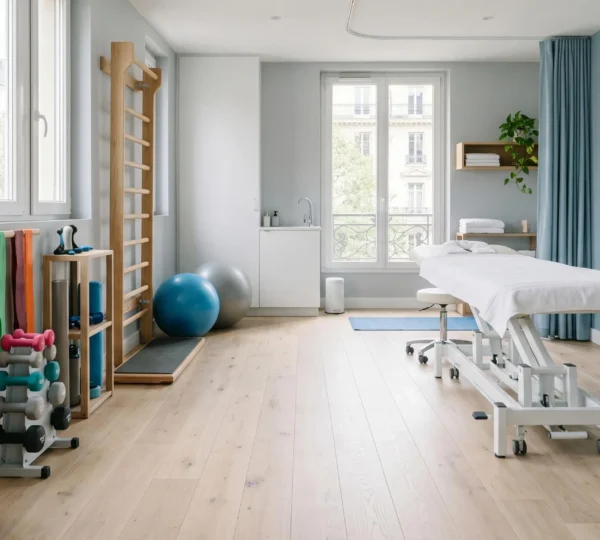 Cabinet de kinésithérapie français moderne avec table de massage professionnelle et équipements de rééducation fonctionnelle dans un espace épuré aux tons clairs