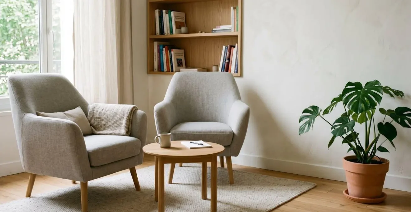 Espace de consultation intime dans un cabinet de psychologue français avec fauteuils confortables, table basse en bois naturel et lumière douce apaisante